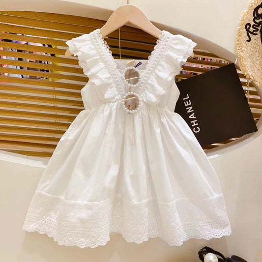 Elegant White Princess Hemming Vest Summer Children's Dress