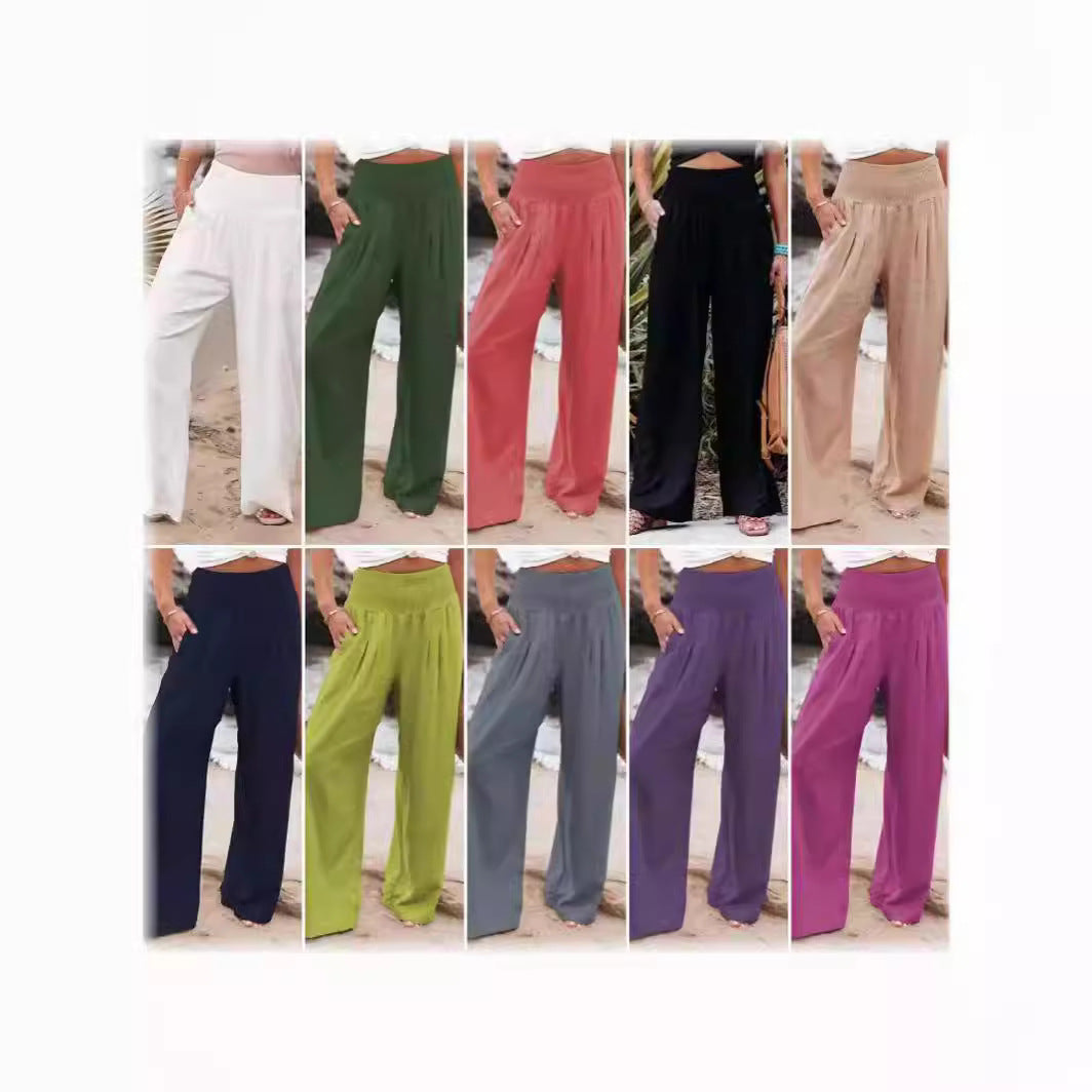 Women's Cotton Linen Pure Color Elastic Waist Wide Leg Casual Pants