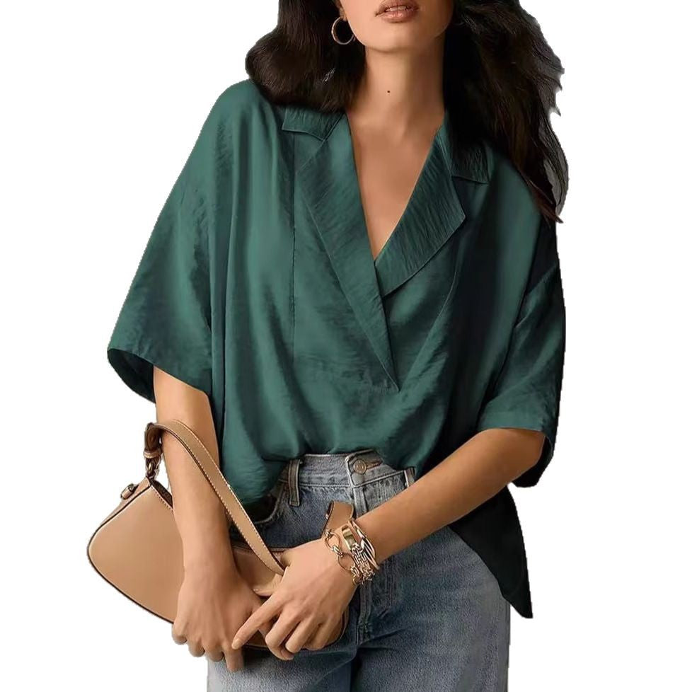 Women's Solid Color Polo Collar Shirt Sleeve Loose Blouse