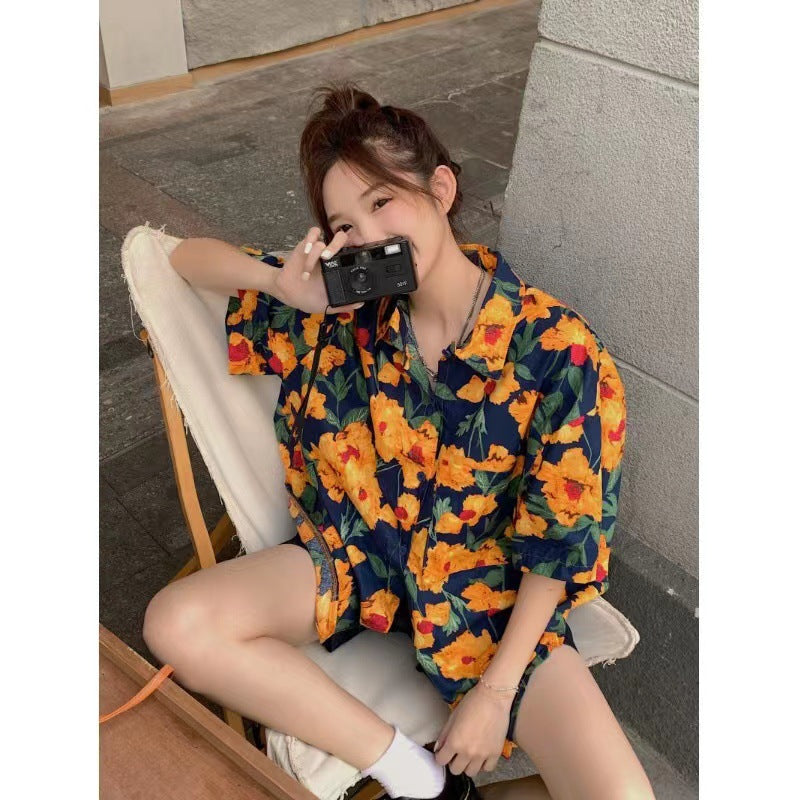 Children's Short-sleeved Shirt Wear Summer Flower Print Loose Design Niche Parent-child Outfit