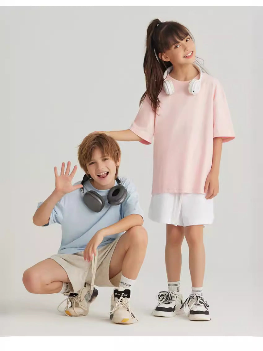 Children's Cotton Loose Shoulder Short-sleeved Solid Color Heavy Clothing Fashion Sports Children's T-shirt