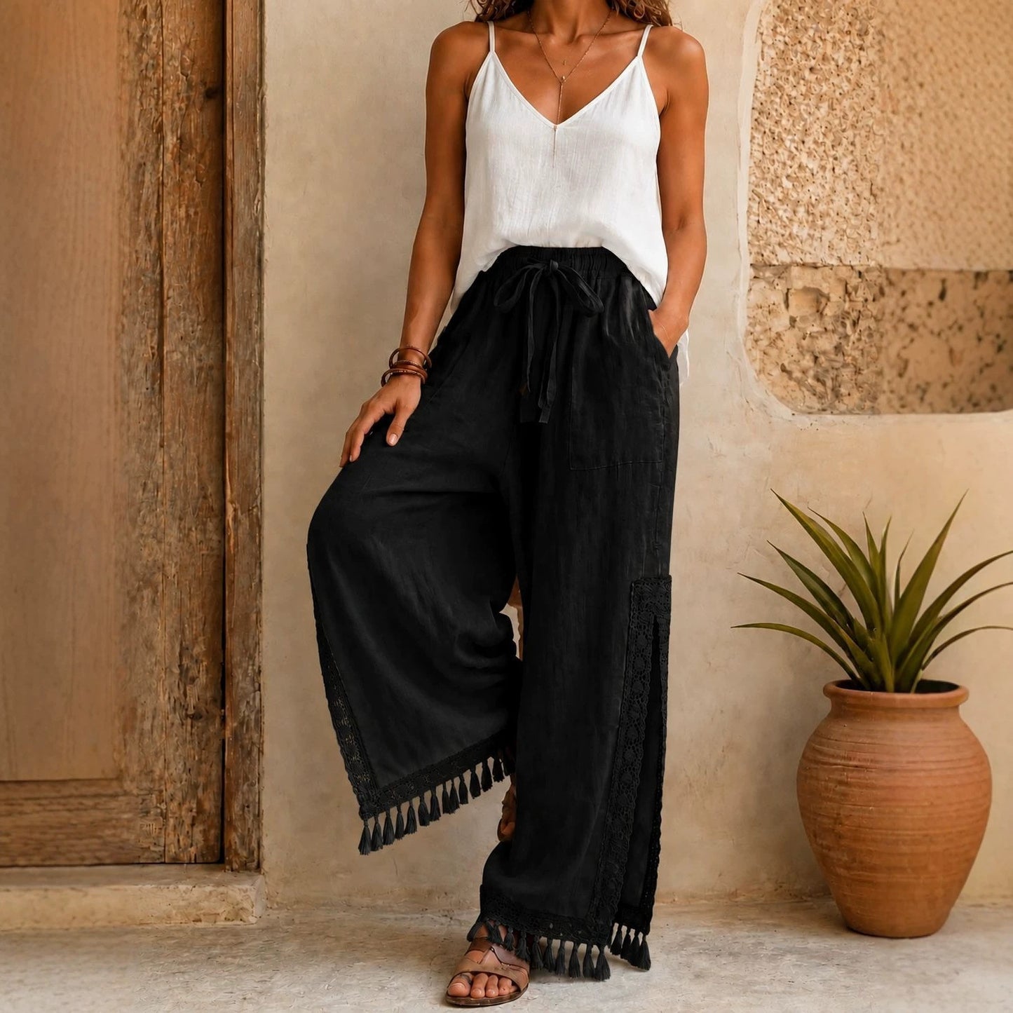 Women's Side Slit Lace Tassel Bohemian Vacation Style Pants