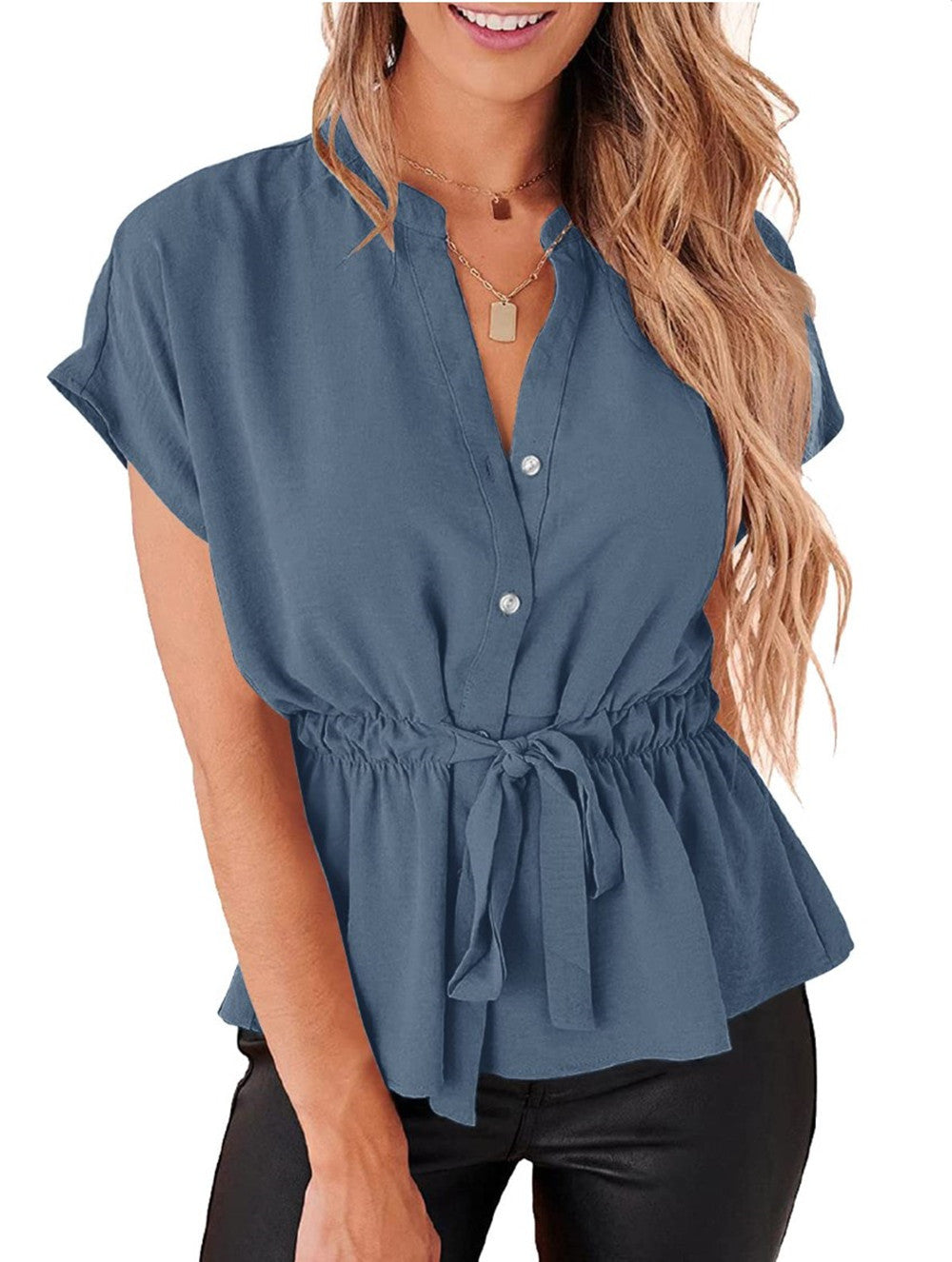 Women's Collar Pleating Lacing Chiffon Batwing Sleeve Blouse