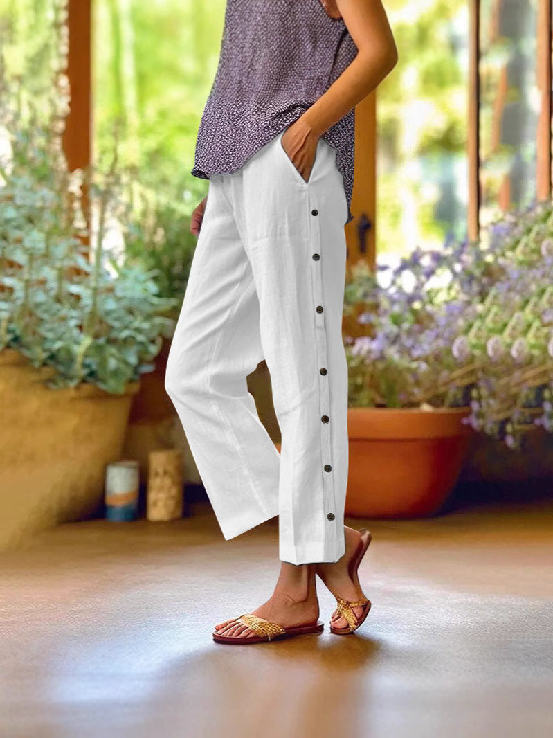 Holiday Slim Looking Cotton Linen Breathable Cropped Featured Fastener Casual Pants