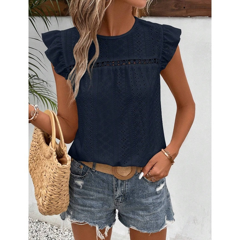 Women's Summer Round Neck Lace Solid Color Women's T-shirt