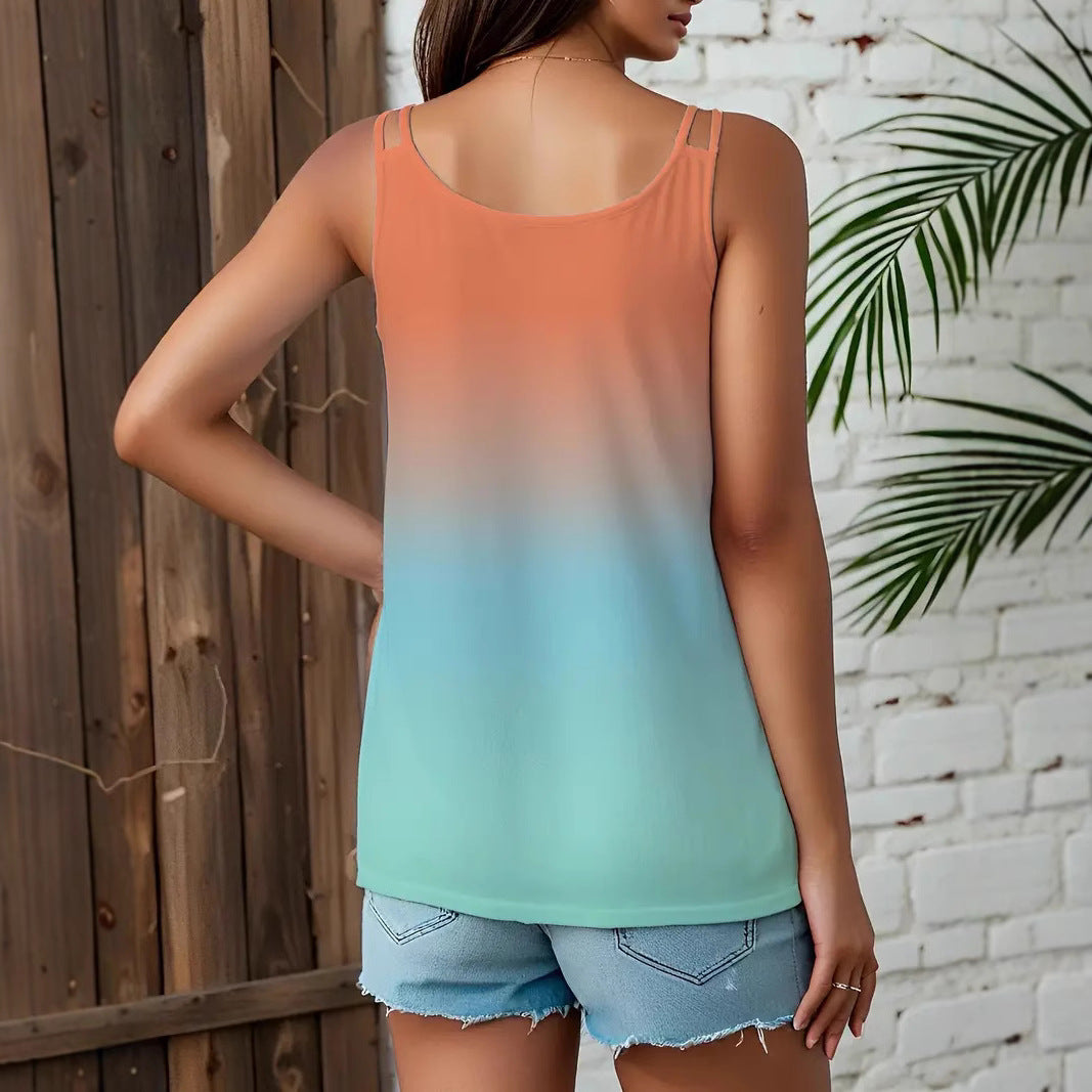 Women's Round Neck Gradient Printing Sleeveless Shoulder Large Size T-shirt