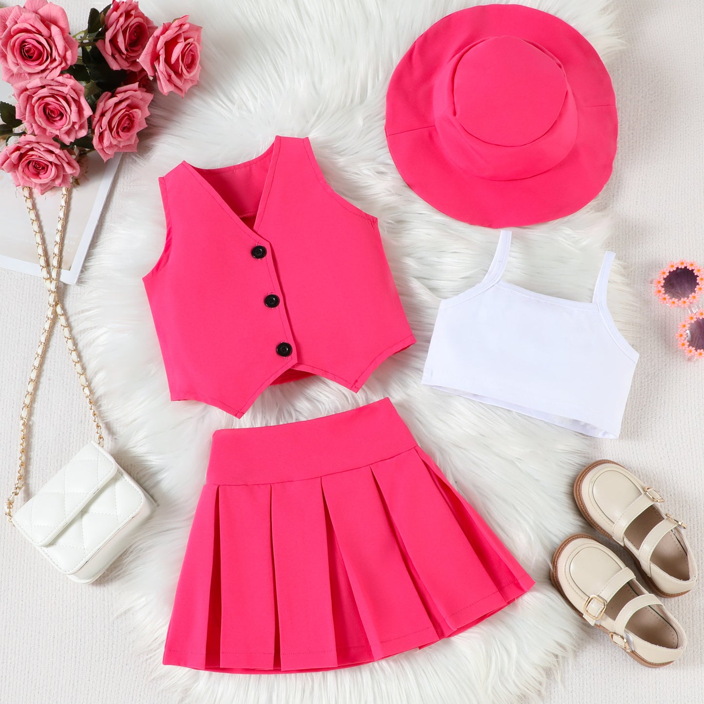 Fashion Single Breasted Vest Camisole Top Pleated Skirt Hat Children's Suit
