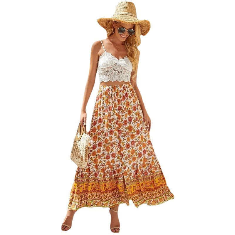 Women's Summer High Waist Print Breasted Split Skirt