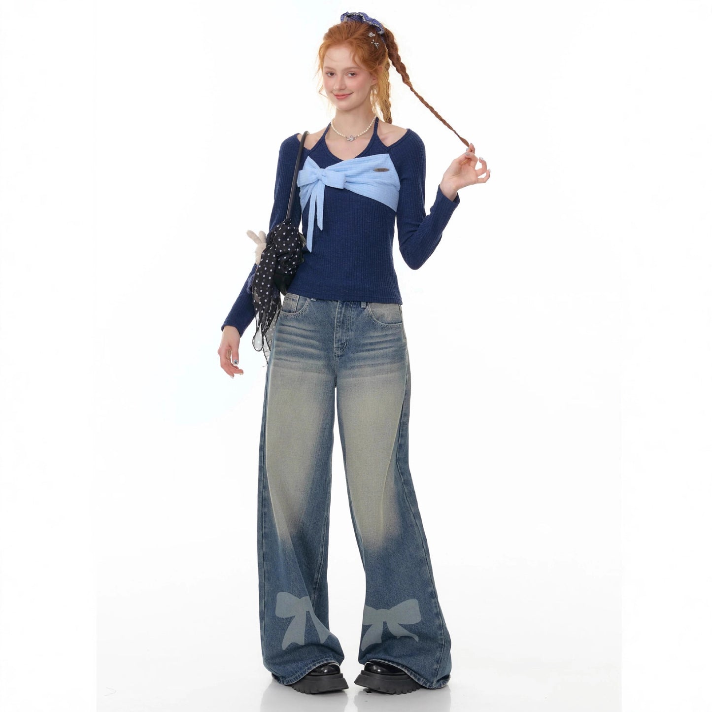 Women's Wide Leg Bow Print Washed Denim Trousers Women's Jeans