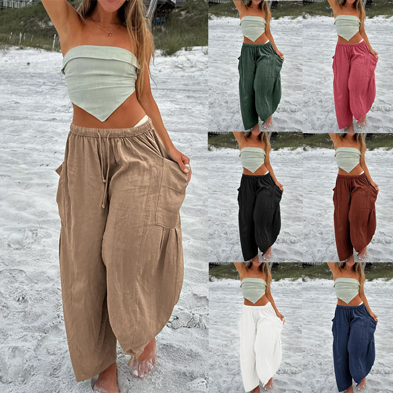 Women's Waist High Wide Leg Loose Cotton Linen Trousers Pants