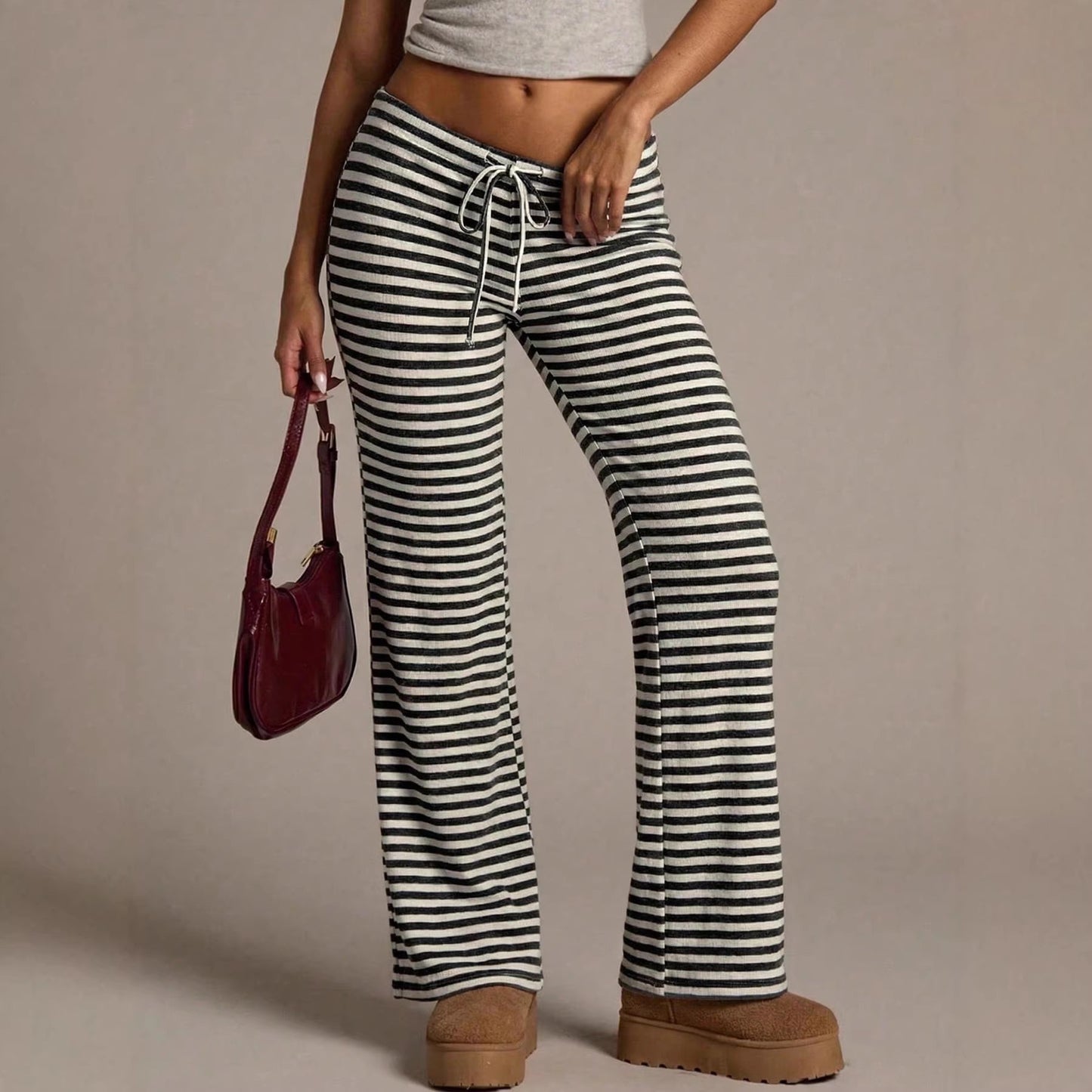 Women's Striped Drawstring Retro Home Mop Straight Casual Pants