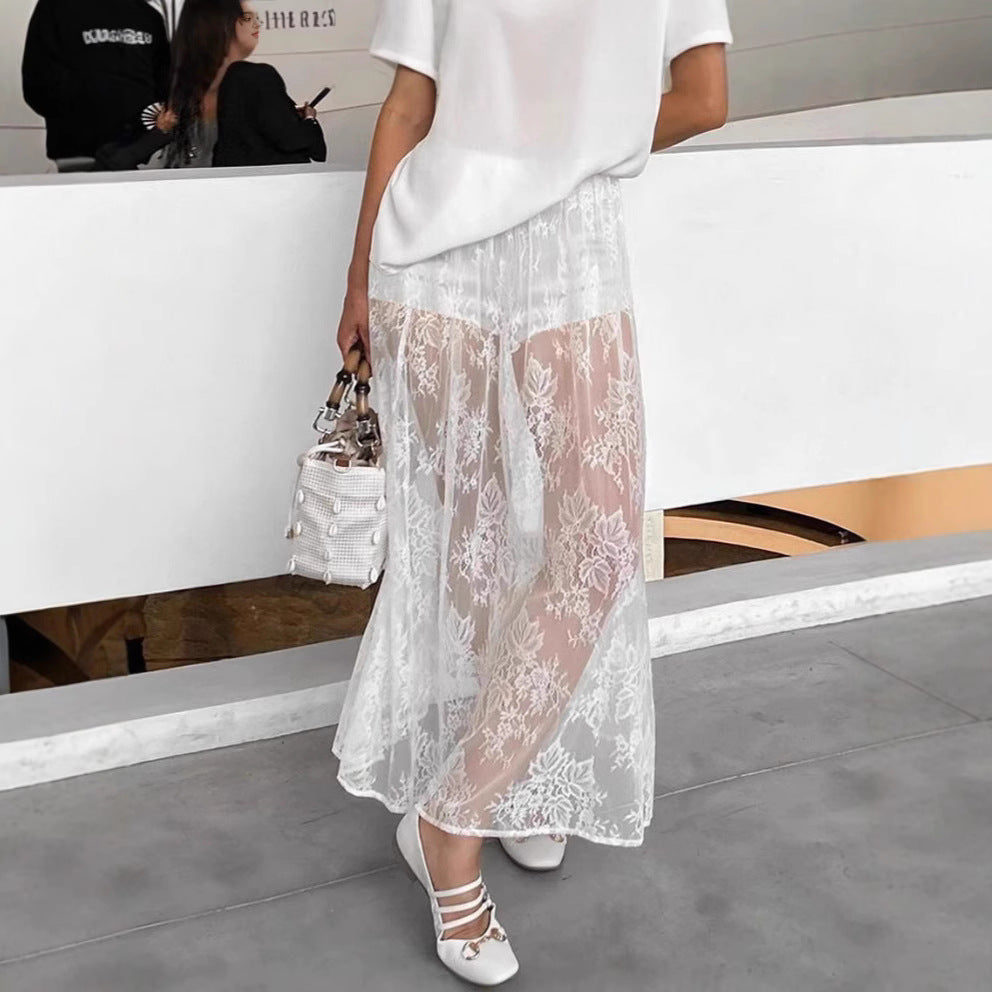 Sexy Brocade Lace White Jacquard Tutu Long Skirt