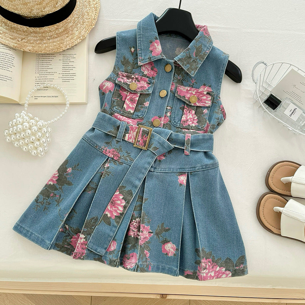 Summer Korean Style Printed Denim Sleeveless Children's Dress