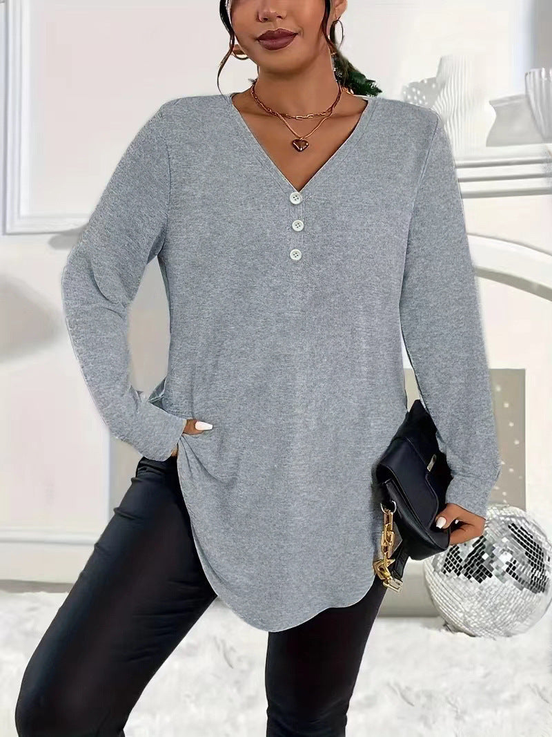 Women's Clothes Buttons Solid Color Long-sleeved Tops
