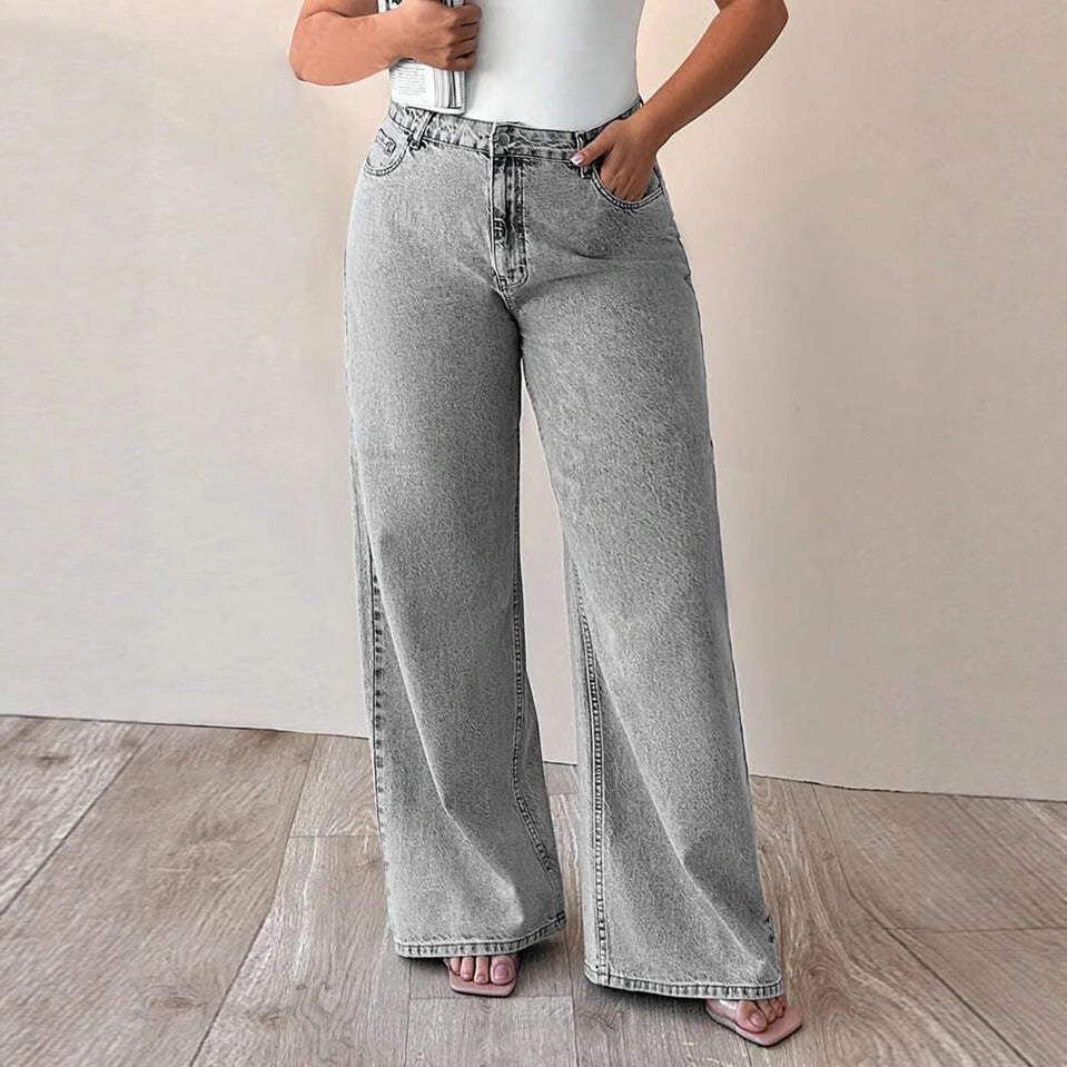 Women's Ripped Washed High Waist Straight Slimming Denim Trousers Jeans