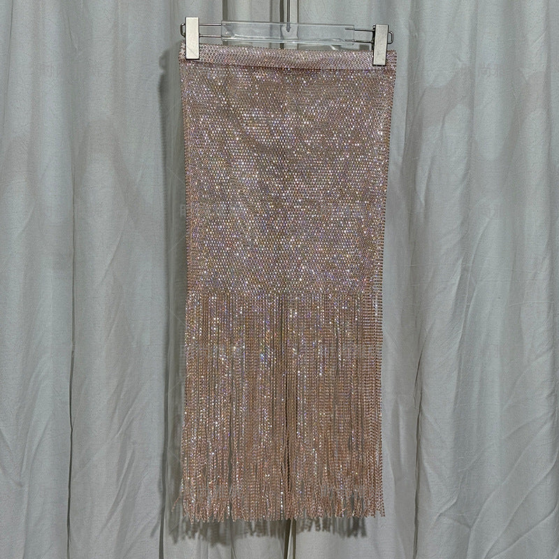 Women's Fashionable Tassel Mid-length High Waist Slimming Sheath Performance Wear Skirt