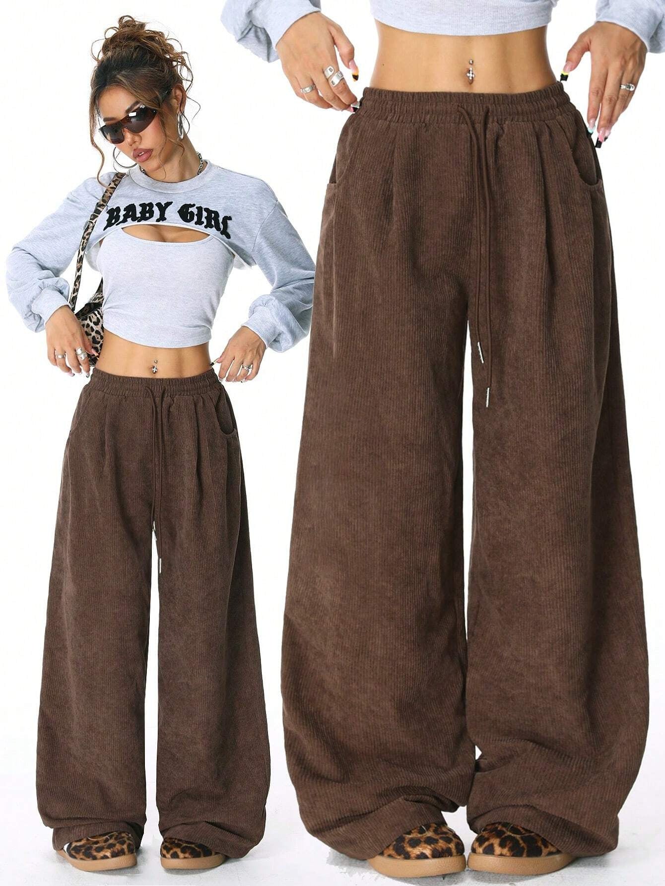 Waist Versatile Draping Effect Drawstring Wide Pants