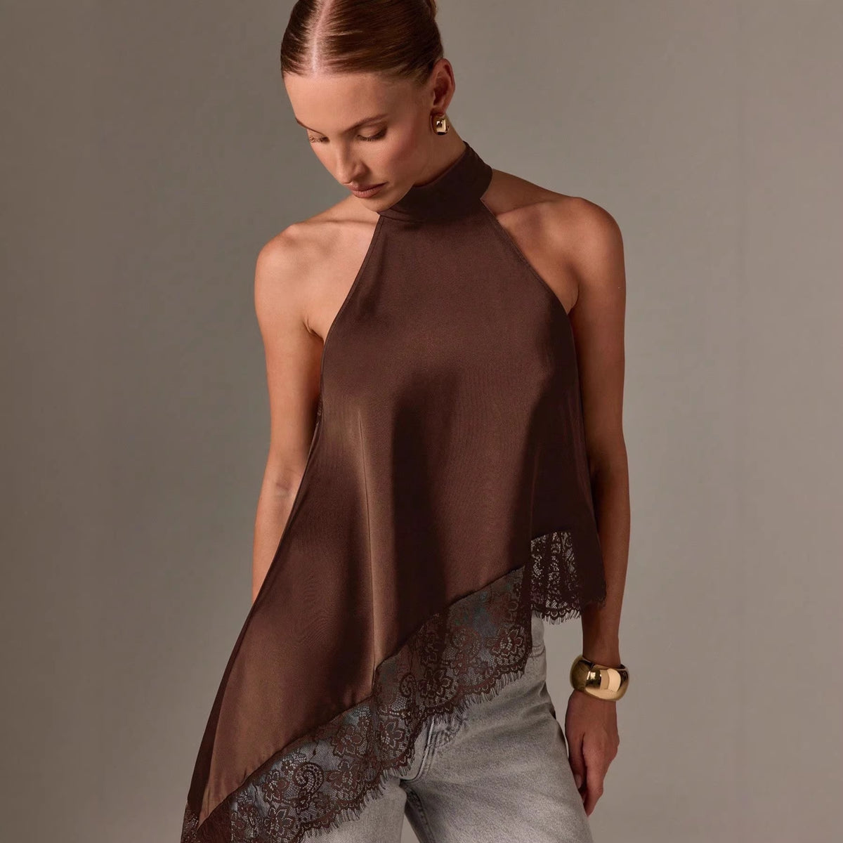 Women's Fashion Sleeveless Satin Strap Stitching Lace Trim Small Vest/suspenders/tube Top
