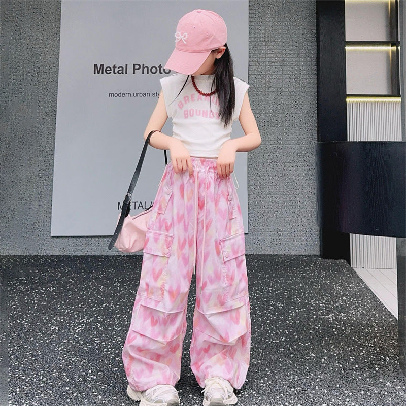 Loose Trousers Middle Big Letter Drawstring Short Sleeve Children's Suit
