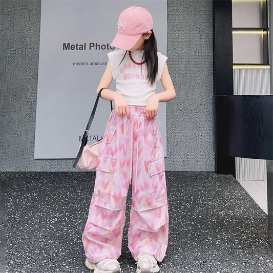 Loose Trousers Middle Big Letter Drawstring Short Sleeve Children's Suit