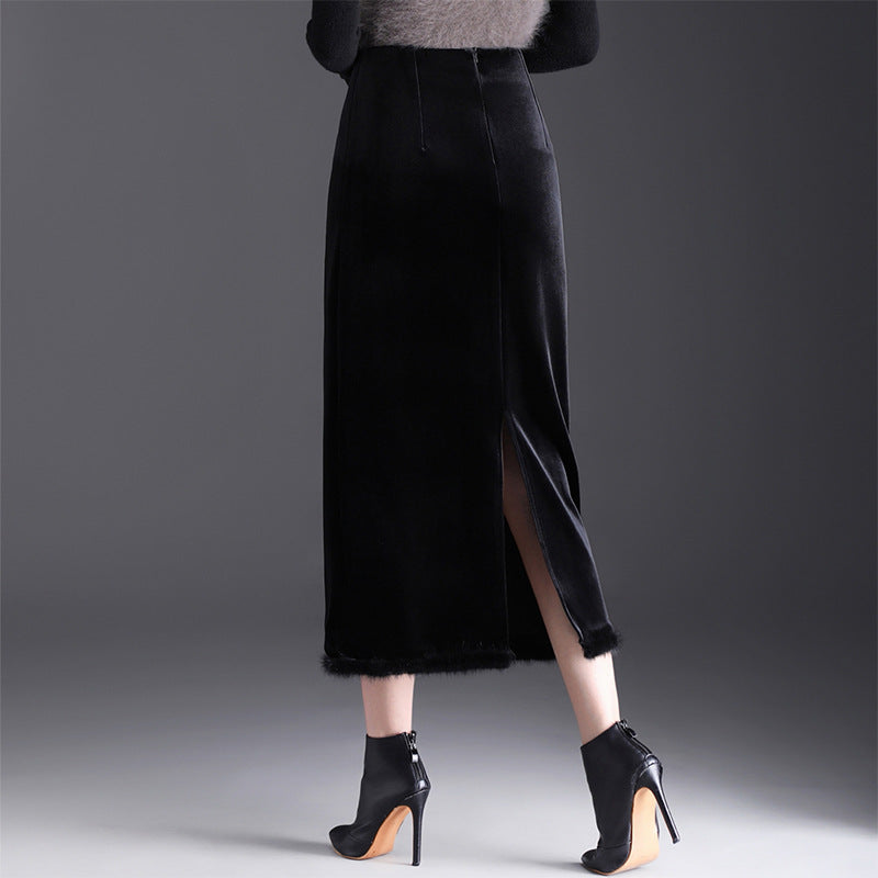 Women's Veet Fur Stitching Winter High Waist Skirts