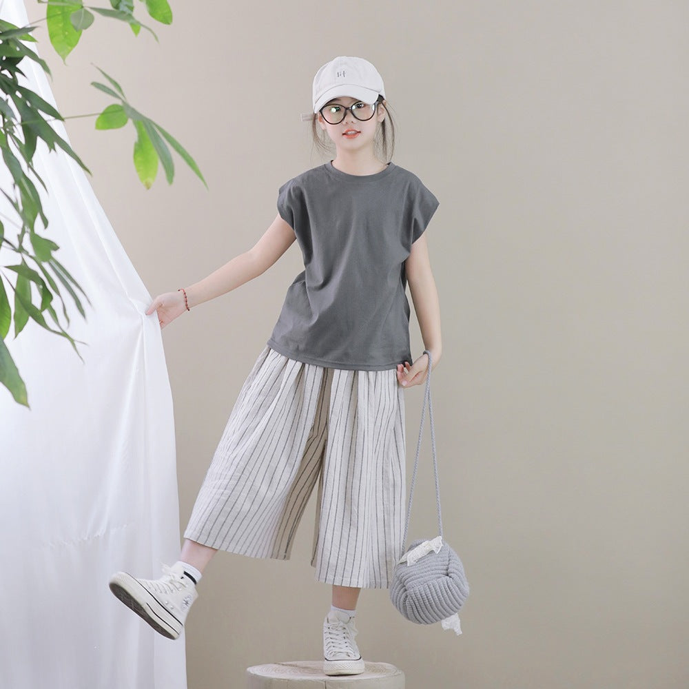Large Loose Casual Pure Cotton Elastic Waist Culottes Small Cropped Children's Pants