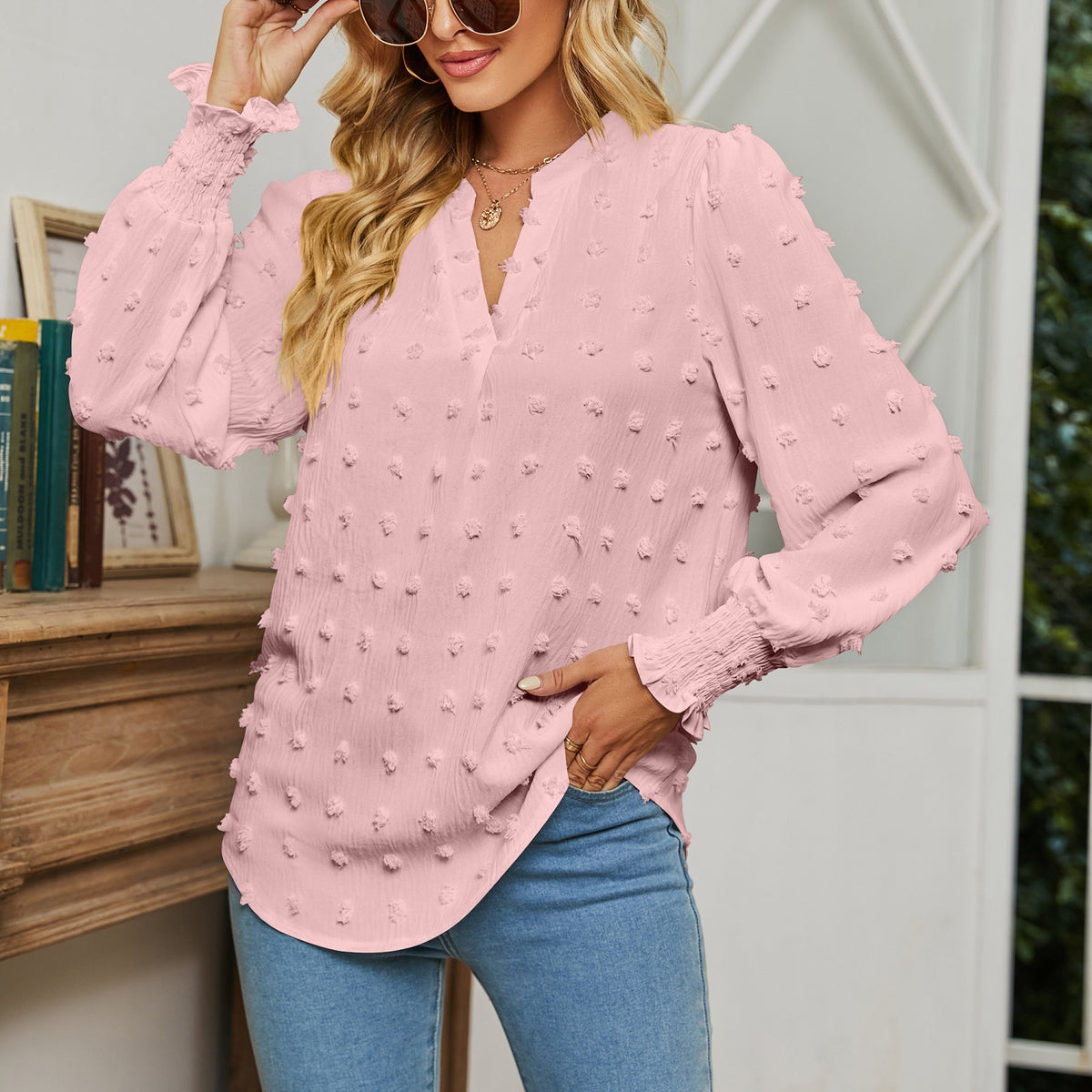 Women's Autumn Polka Dot Long-sleeved Bubble Sleeve Tops
