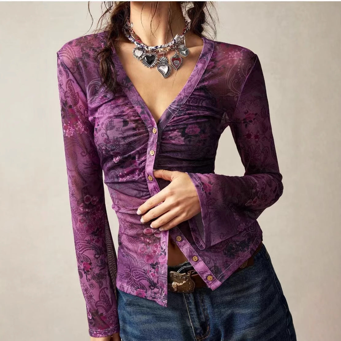 Women's Summer Mesh Floral Print Shirt Slim Fit Slimming Retro Temperament Blouse