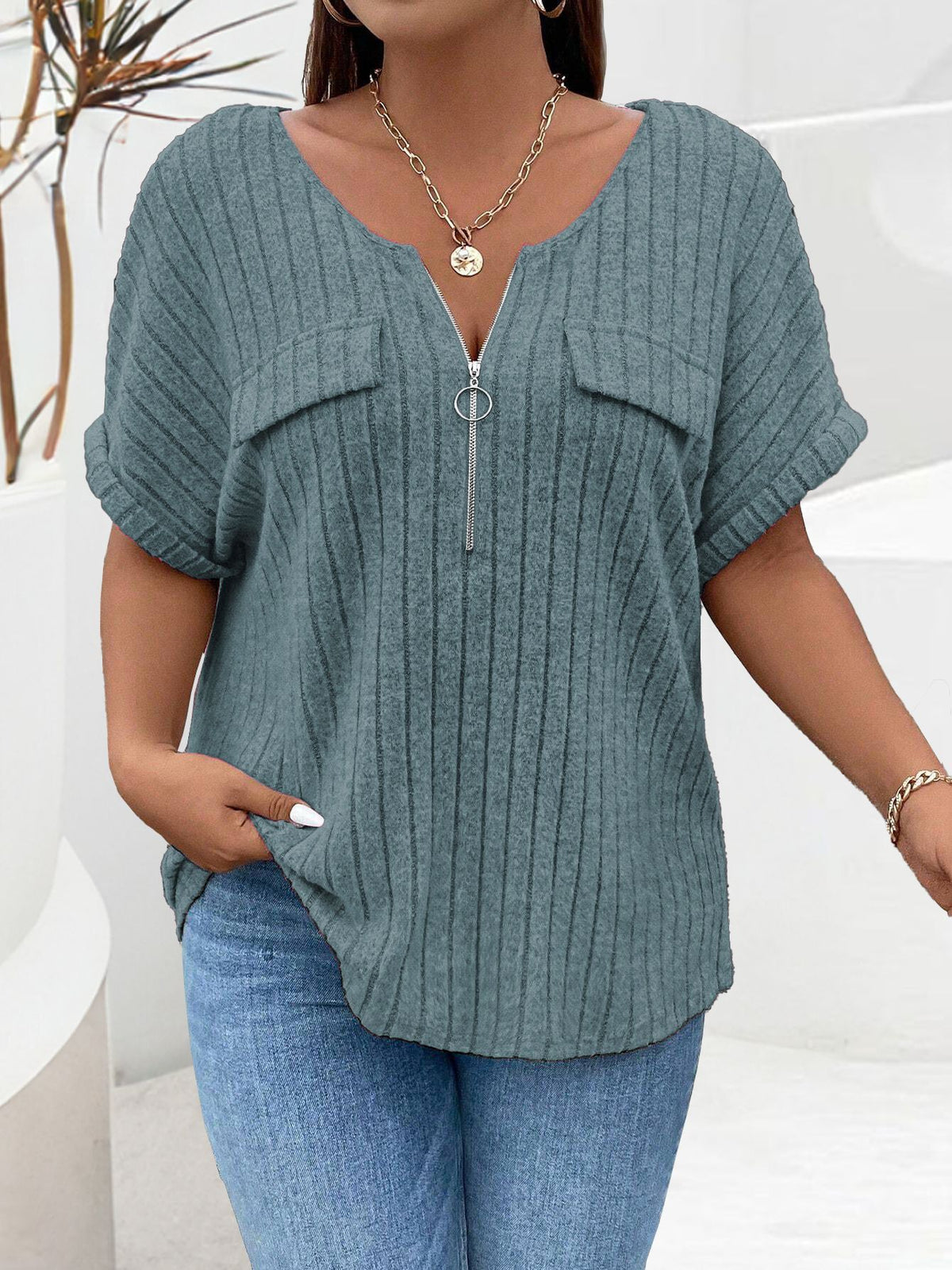 Women's Solid Color Clothes Zipper Sleeve Faux Pocket Pullover Tops