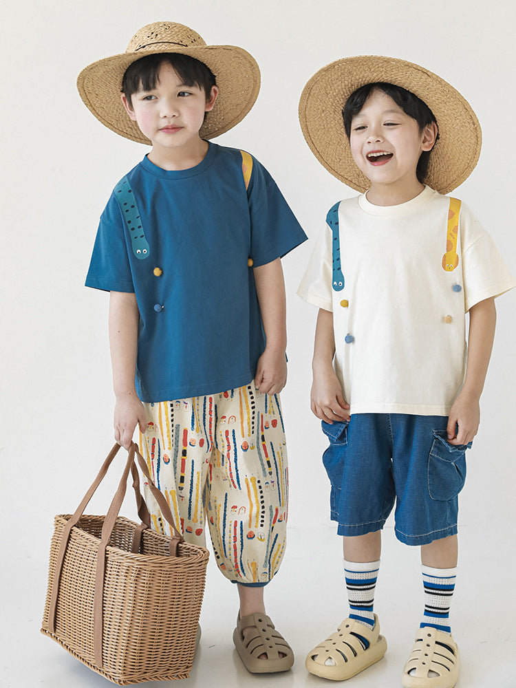 Children's Greedy Snake Printed Short-sleeved T-shirt Fur Ball Children's Suit