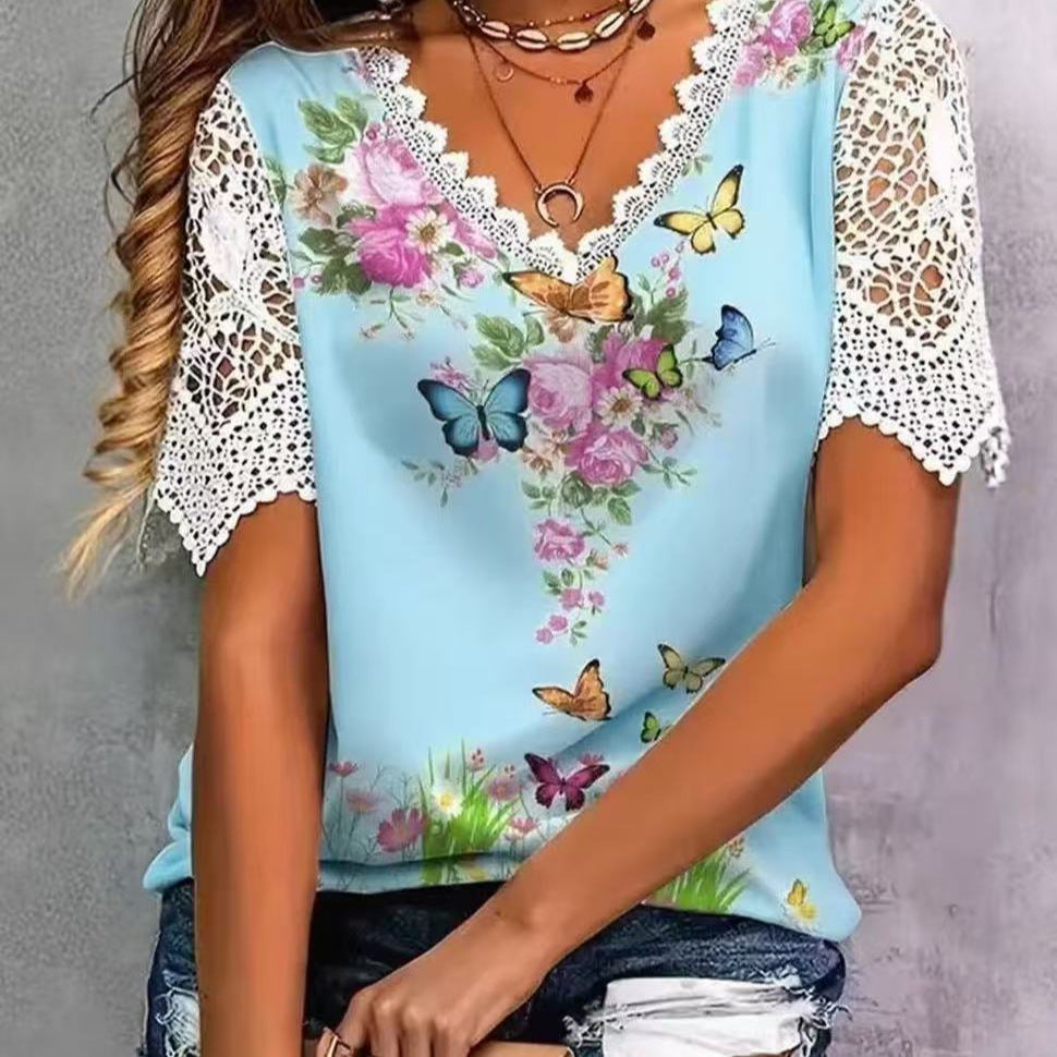Women's Lace Stitching Fashion Printing Sleeve Female Tops