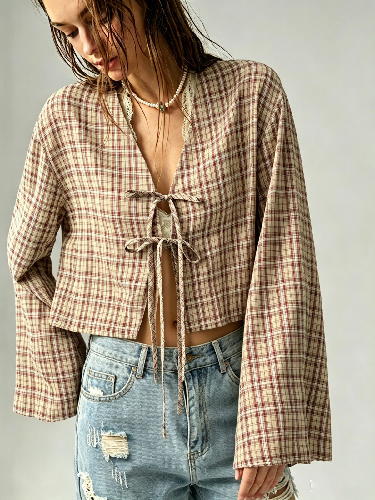 Women's American Retro Plaid Shirt Collar Flared Sleeve Blouse