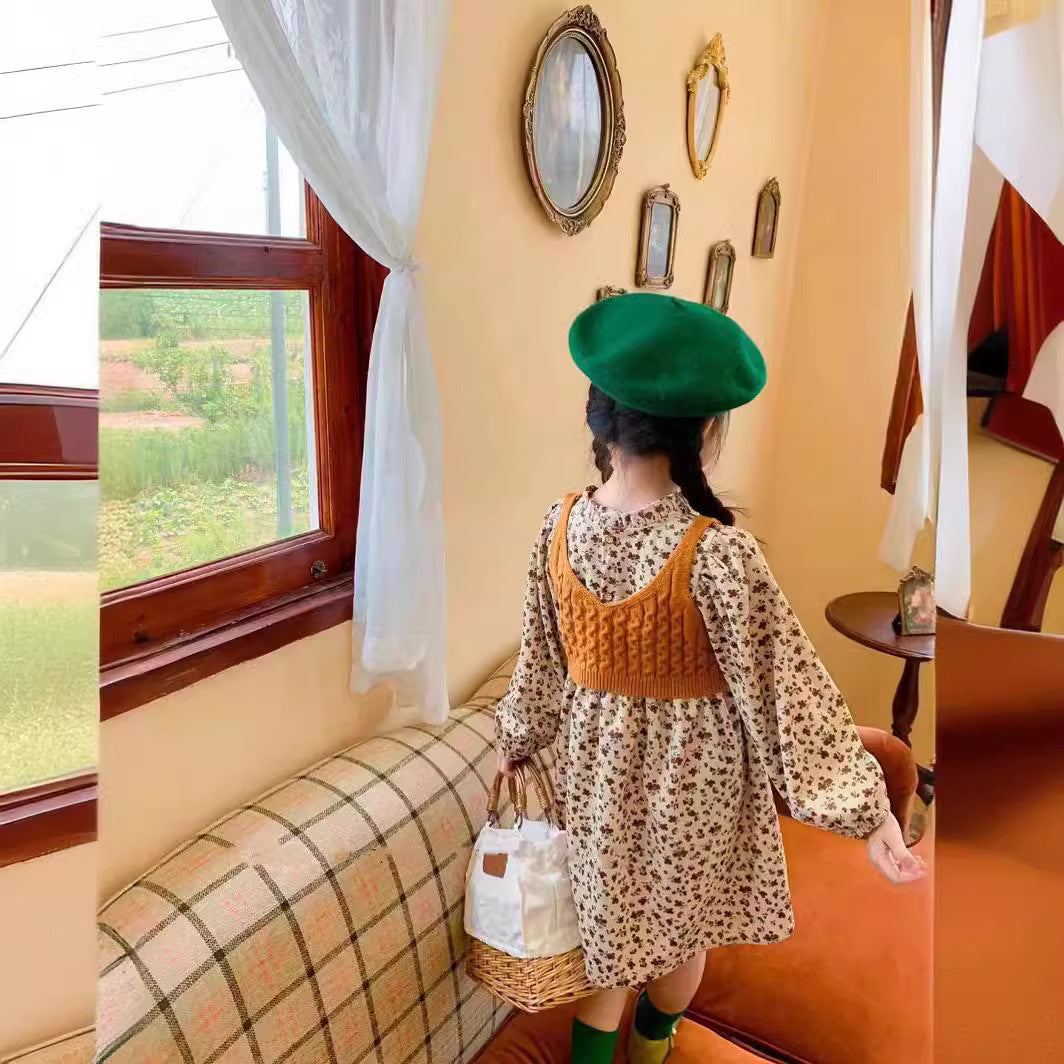 Autumn Korean Style Floral Skirt Wool Vest Two-piece Children's Dress