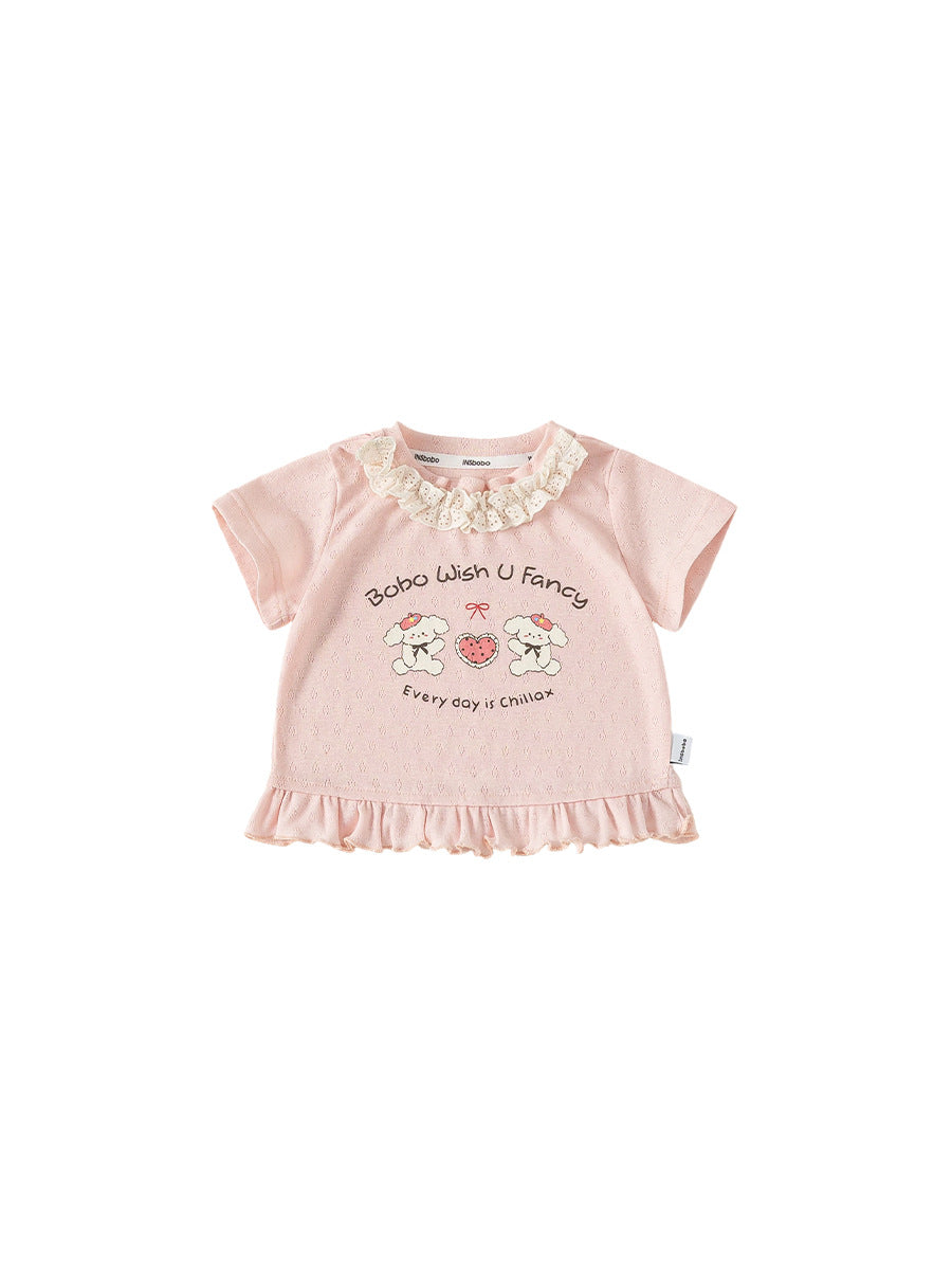 Children's Summer Stitching Lace Little Pink Sweet Short Sleeve Children's T-shirt