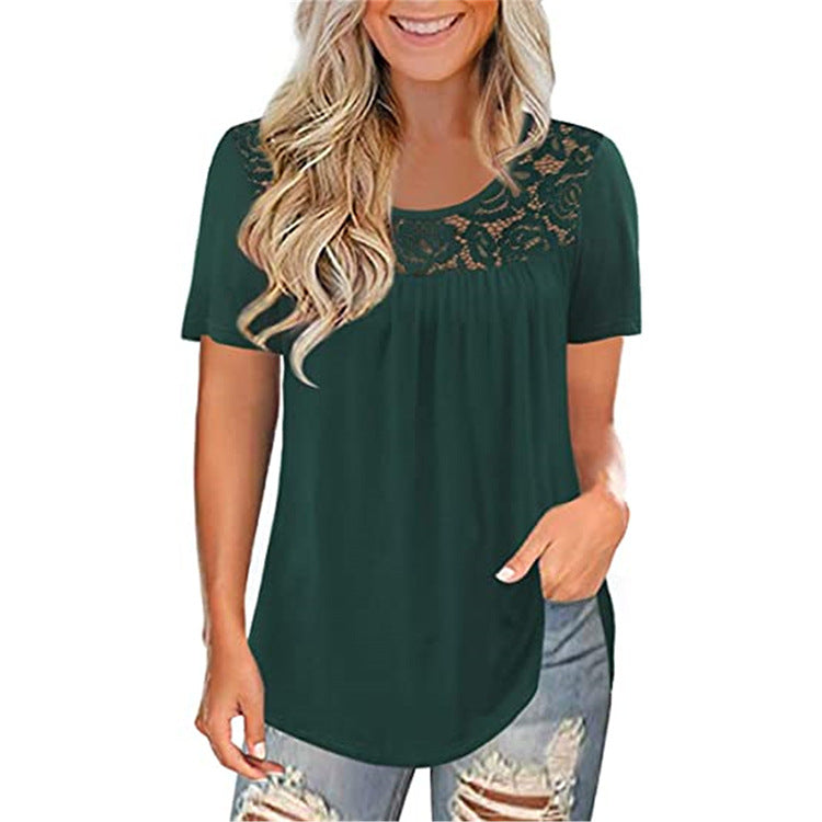 Women's Sleeve Lace Pleated Shirt Summer Waist Temperament Plus Size
