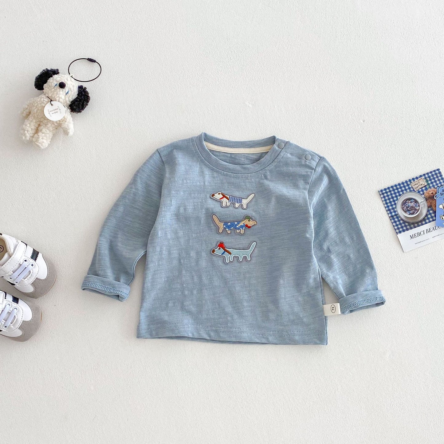 Children's Left Right Patch Cartoon Dog Bottoming Shirt Boy Loose Long Children's T-shirt