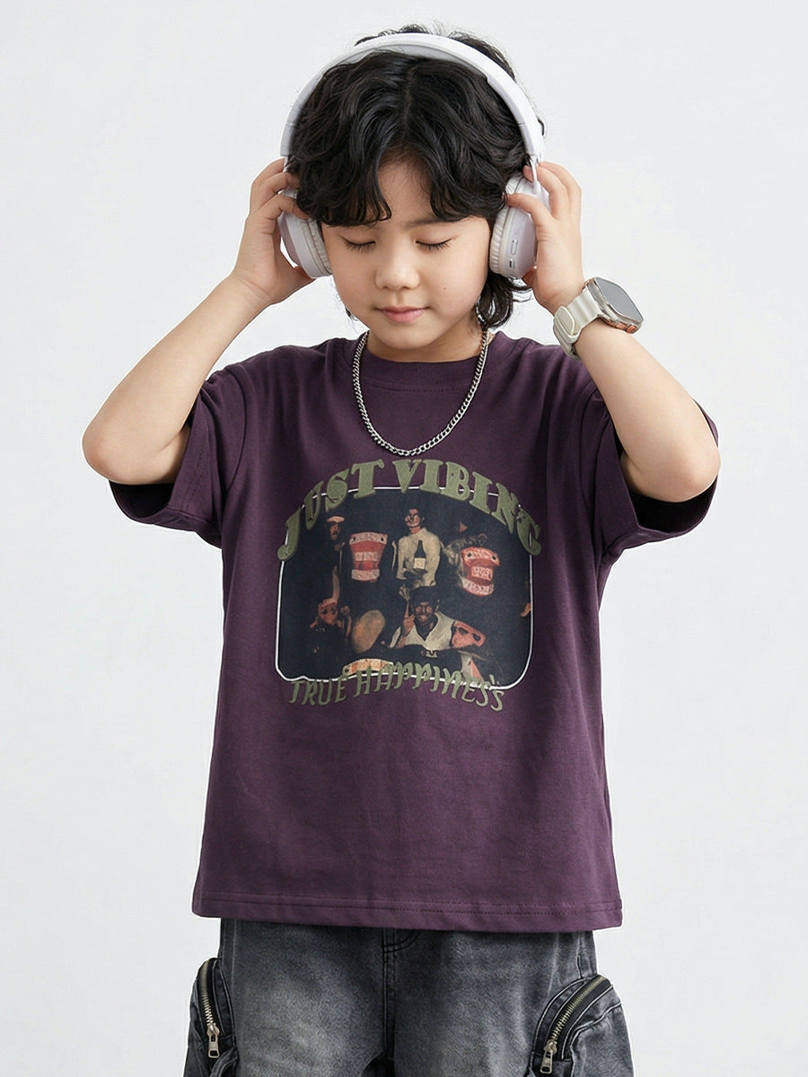 Children's Boys Middle Big American Retro Cotton Short-sleeved Children's T-shirt