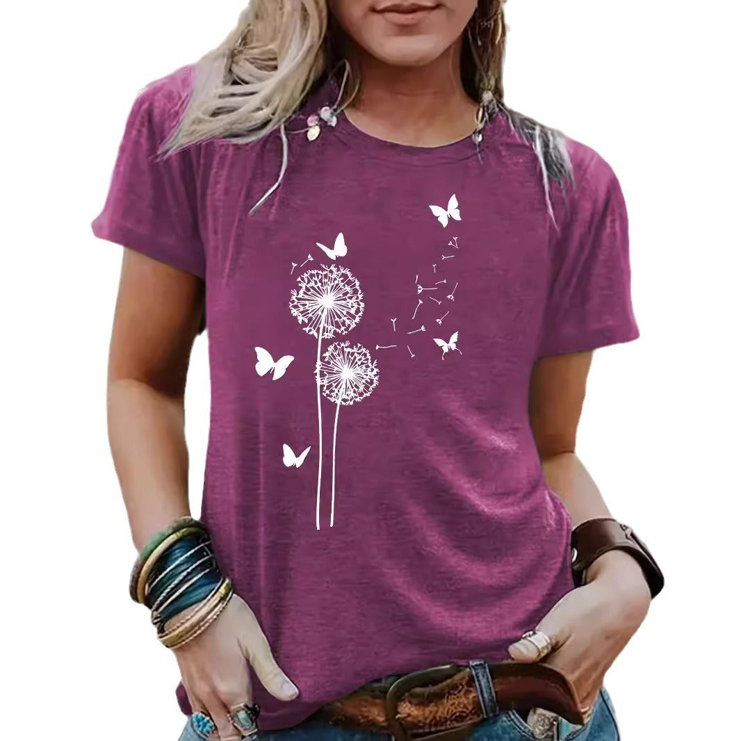 Women's Dandelion Pattern Round Neck Sleeve Casual Shorts