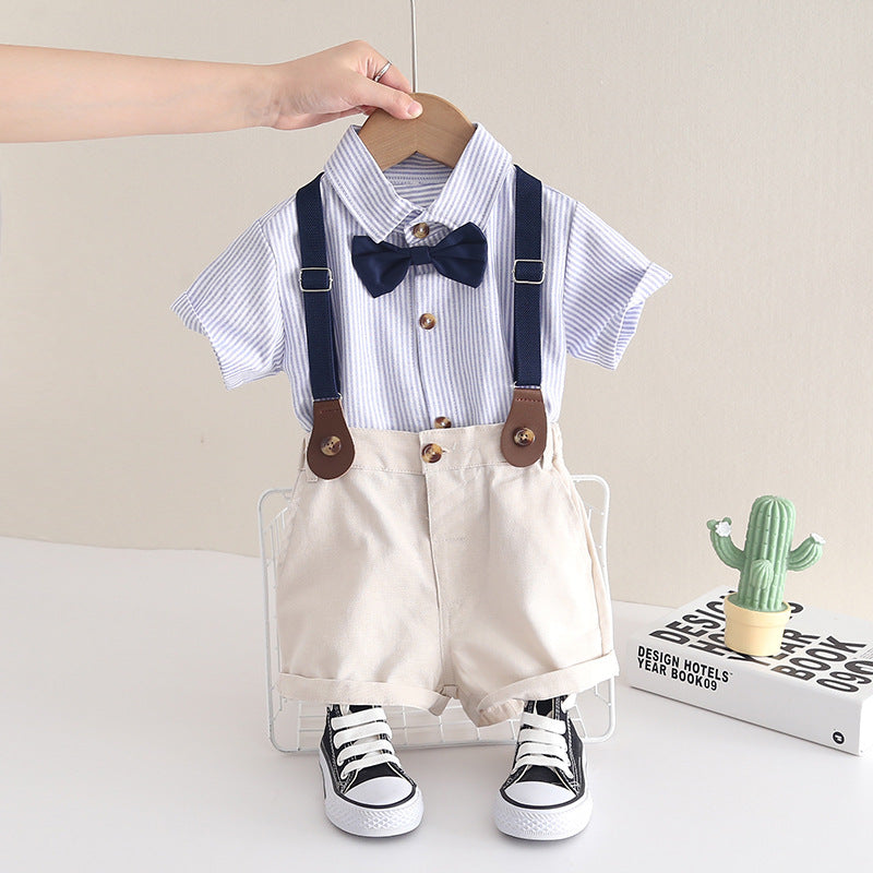 Children's Small Older Short Sleeve Summer Vertical Bar Bow Children's Suit