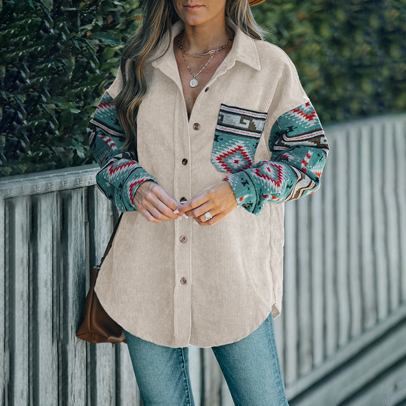 Women's Corduroy Shirt Ethnic Style Stitching Thin Blouse