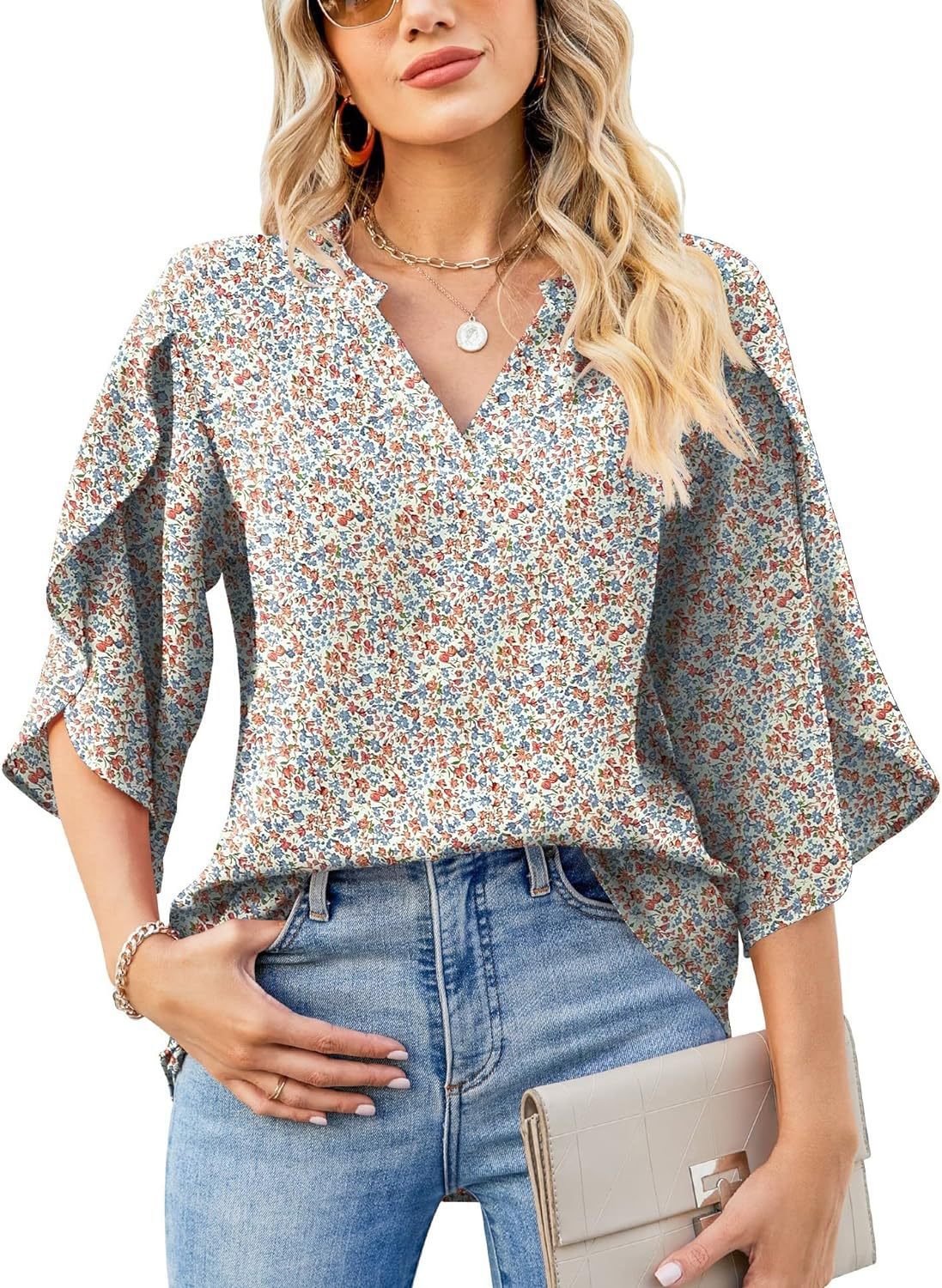 Glamorous Women's Printed Loose Petal Sleeve Lace Shirt, Chiffon Shirt