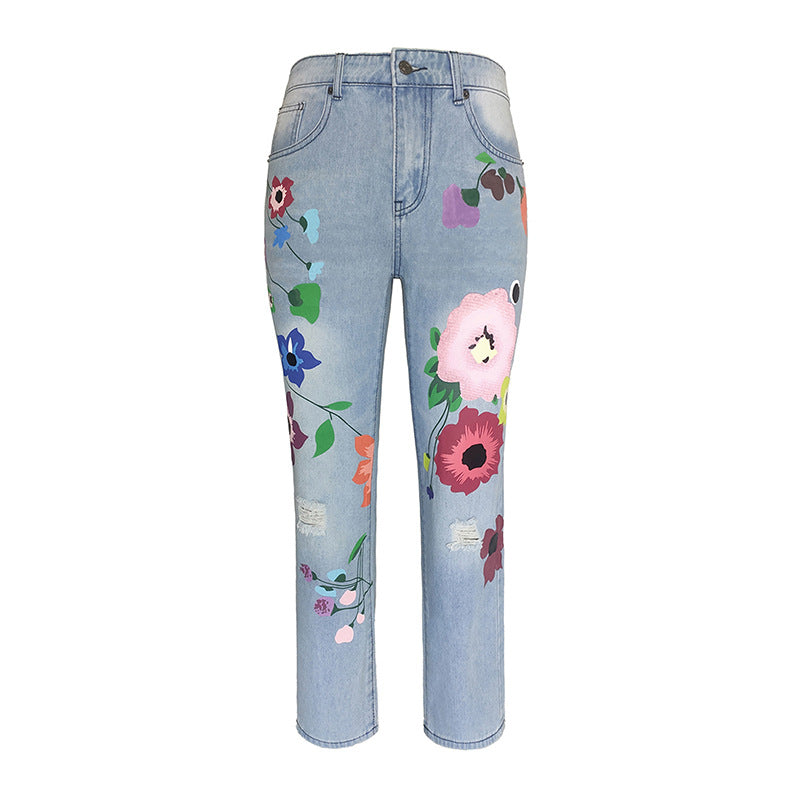 Women's High Quality Blockbusters Exquisite Printing Denim Straight Go Out Pants