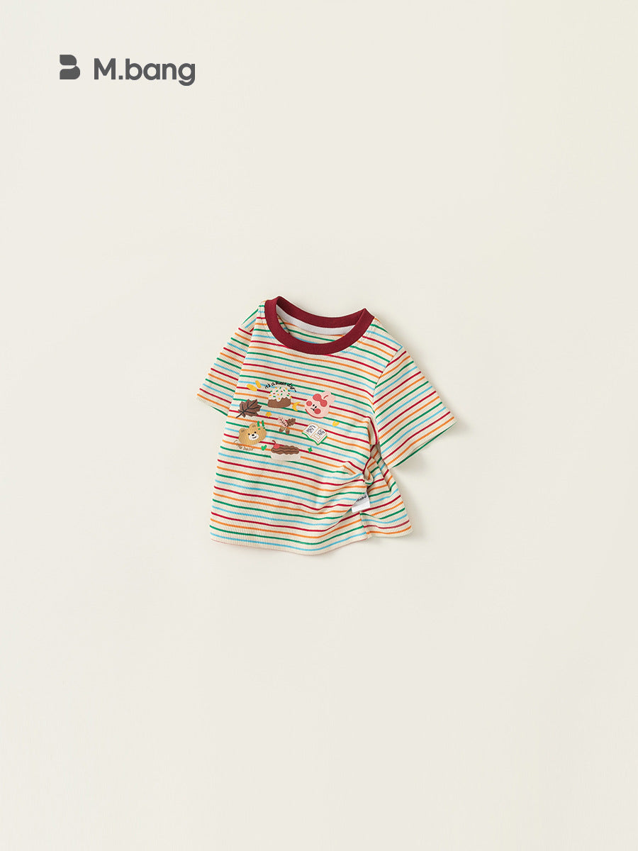 Children's Short-sleeved Contrast Color Round Neck Top Colorful Striped Cartoon Printed Children's T-shirt