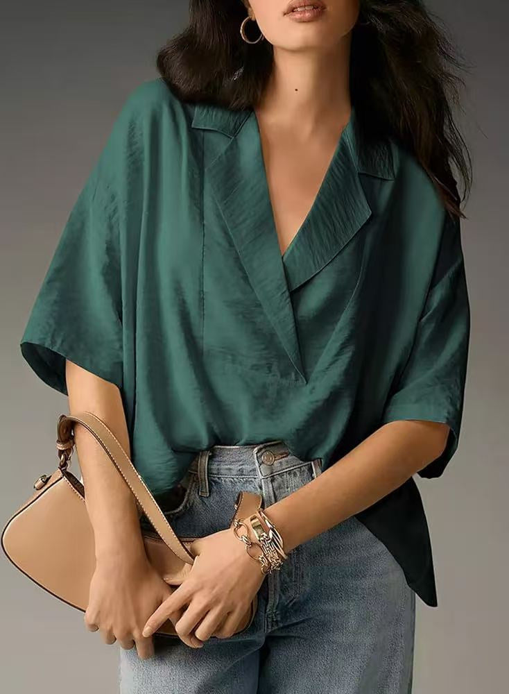 Women's Solid Color Polo Collar Shirt Sleeve Loose Blouse
