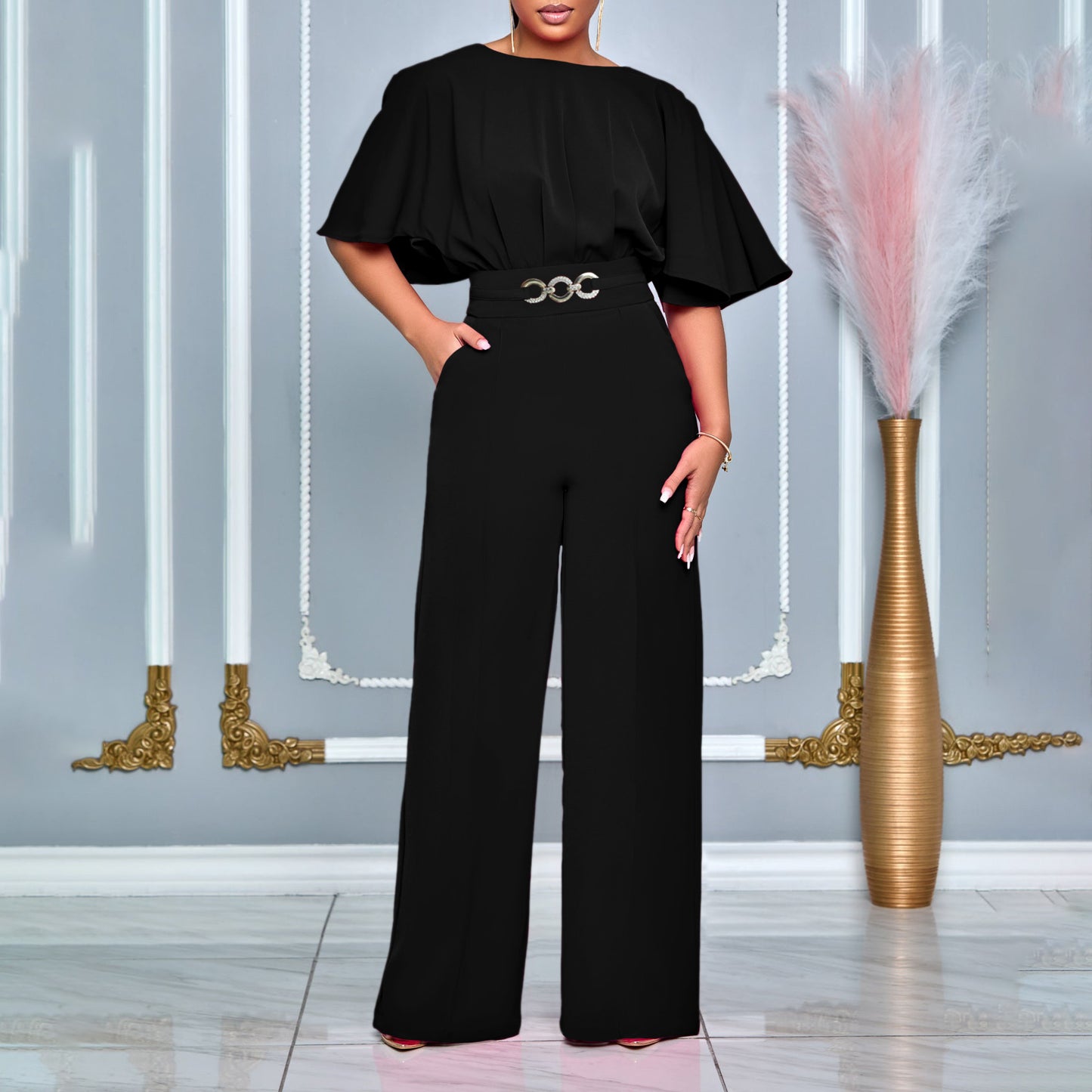 Women's Summer Fashion Round Neck Solid Color High Waist Jumpsuits