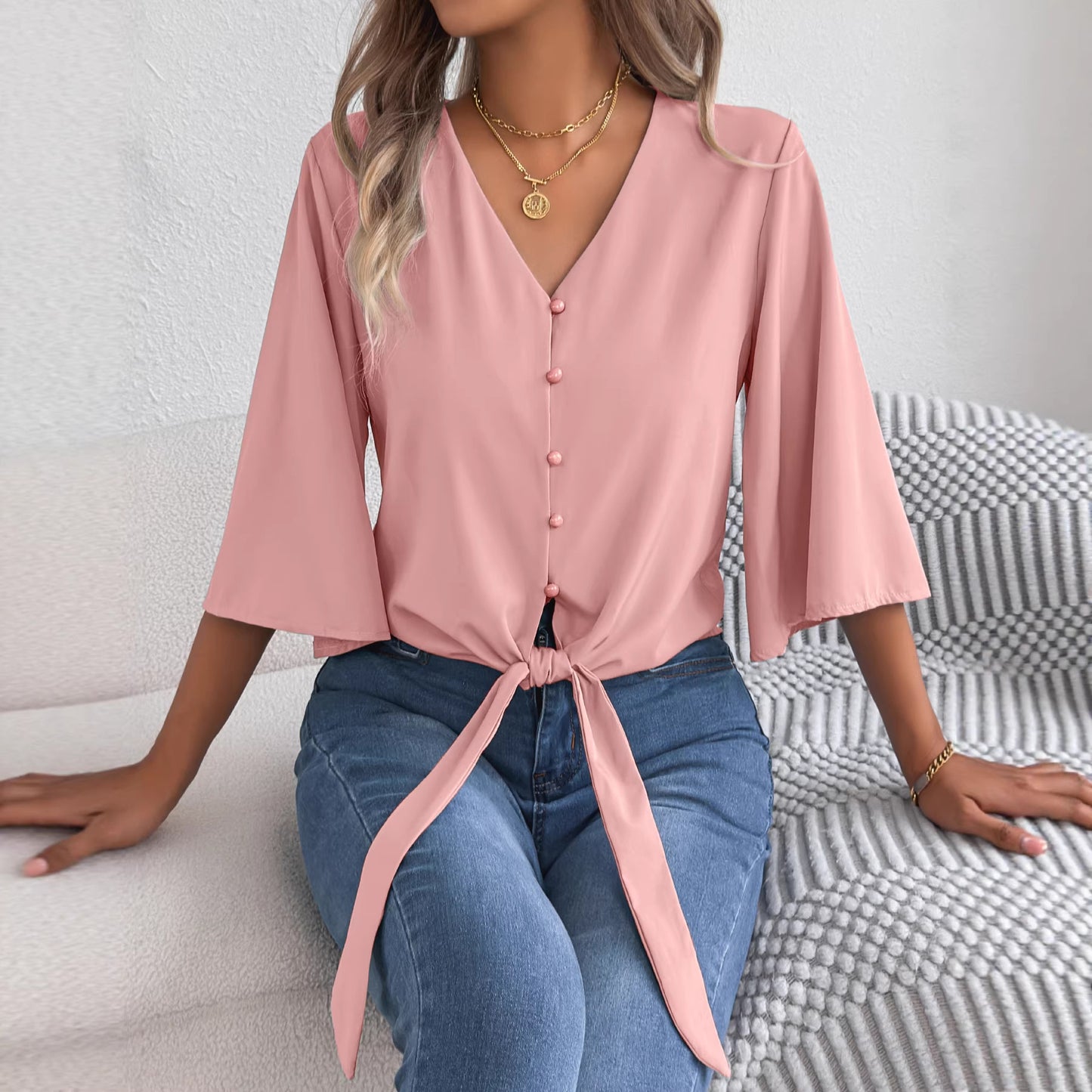 Women's Casual Button Three-quarter Sleeve Knotted Lace Shirt, Chiffon Shirt