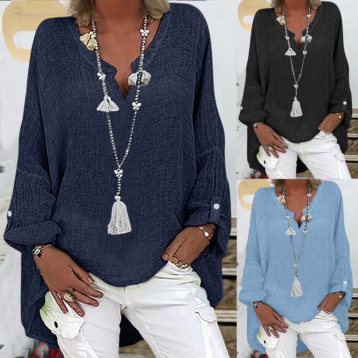Women's Cotton Linen Long Sleeve Retractable Button Blouse