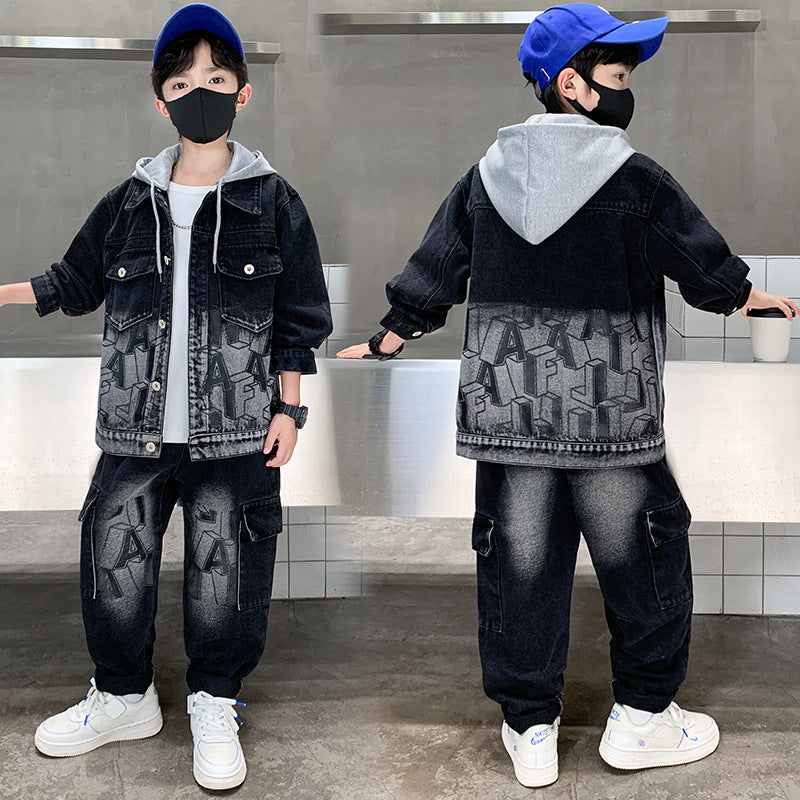 Children's Boy's Denim Medium Big Korean Style Two-piece Children's Suit