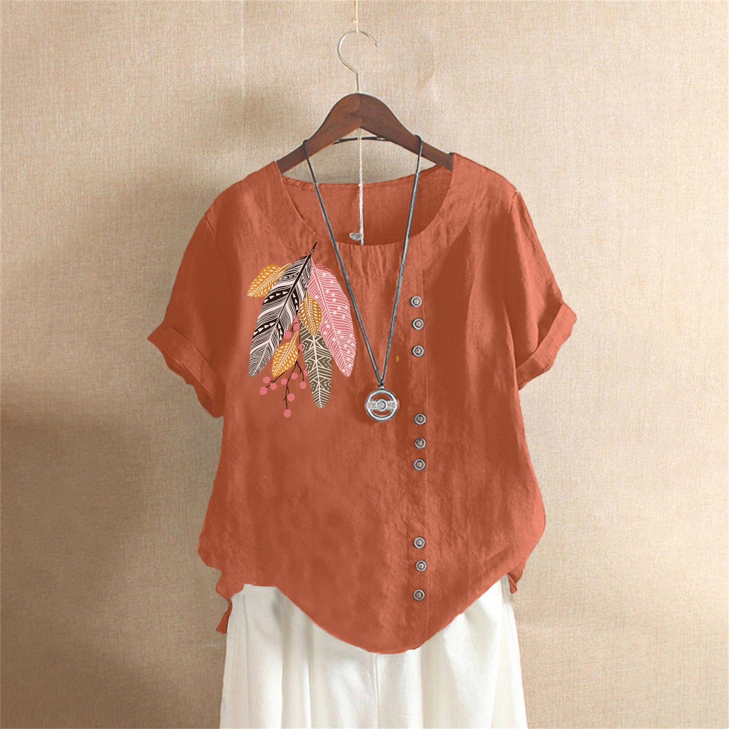 Women's Summer Retro Large Casual Loose Cotton Linen Sleeve Women's T-shirt