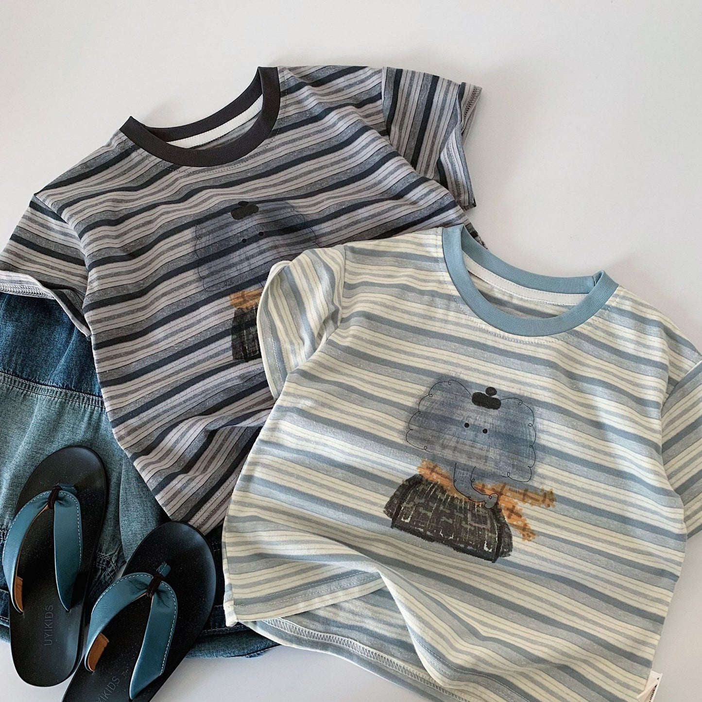 Children's Summer Cartoon Striped Short-sleeved Pullover Class Children's T-shirt